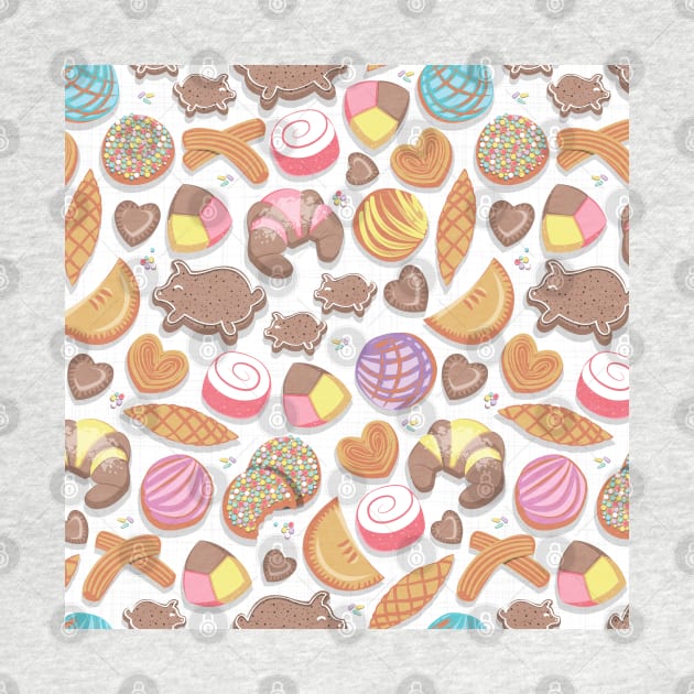 Mexican Sweet Bakery Frenzy // pattern // white background pastel colors pan dulce by SelmaCardoso